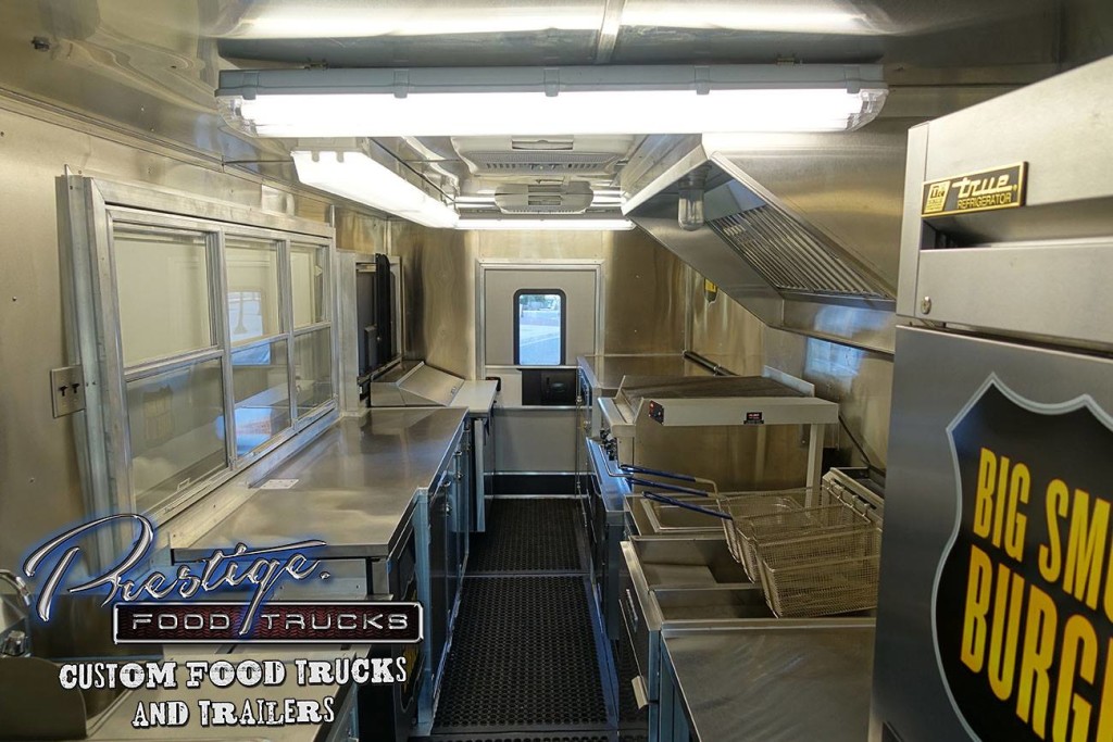 food truck interior with various kitchen appliances