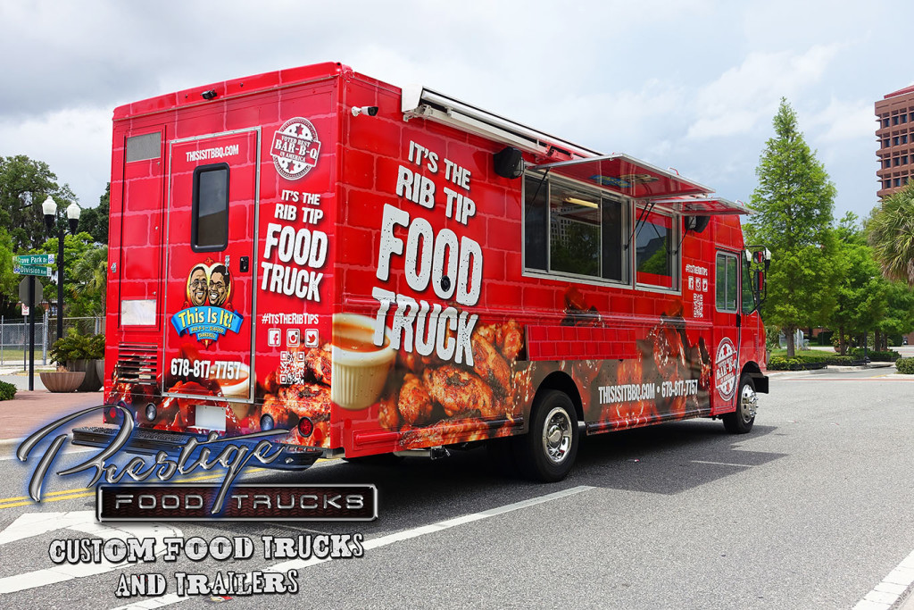 3/4 rear and side view of a red food truck with bbq chicken graphics