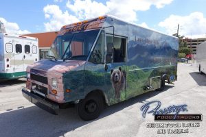 multi-colored food truck sits under a blue sky
