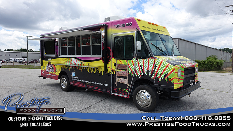 front 3/4 view of colorful food truck with open service window and TV compartment