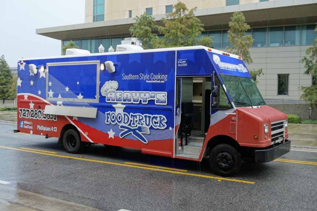red and blue food truck
