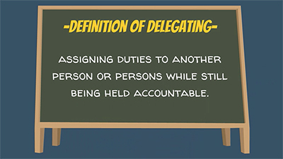a chalkboard illustration with the heading "definition of delegating"