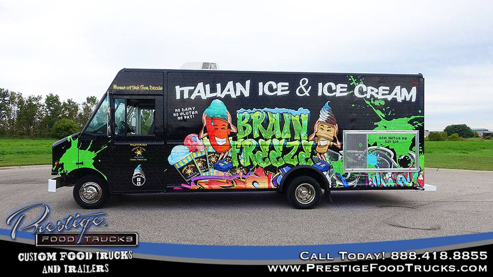 side view of black food truck with the name Brain Freeze and graphics of frozen treats
