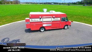aerial view of a red food truck parked on blacktop surrounded by green grass