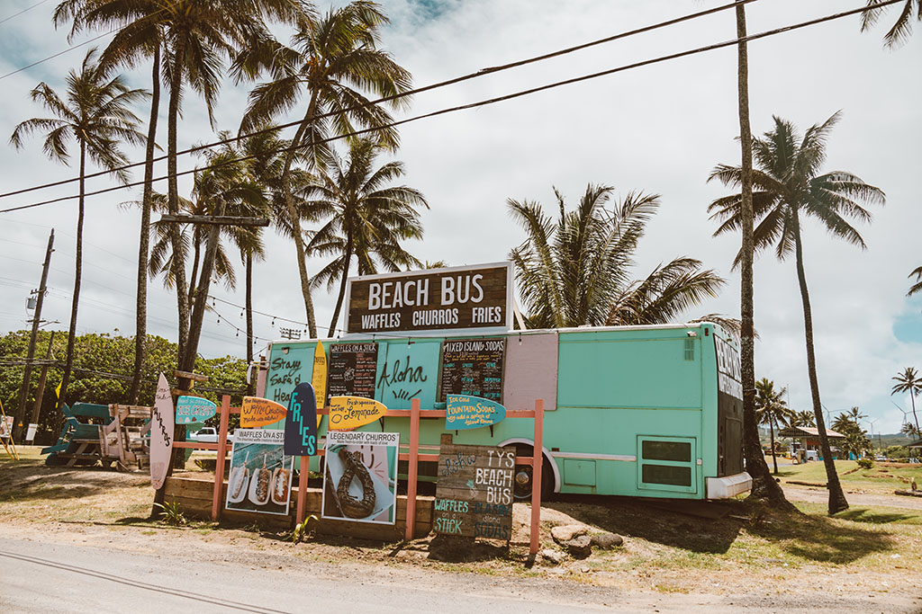 food truck with signs and surfboards parked underneath palm trees