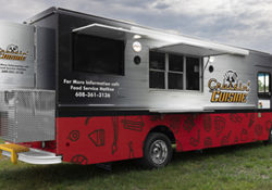 red and gray school nutrition food truck
